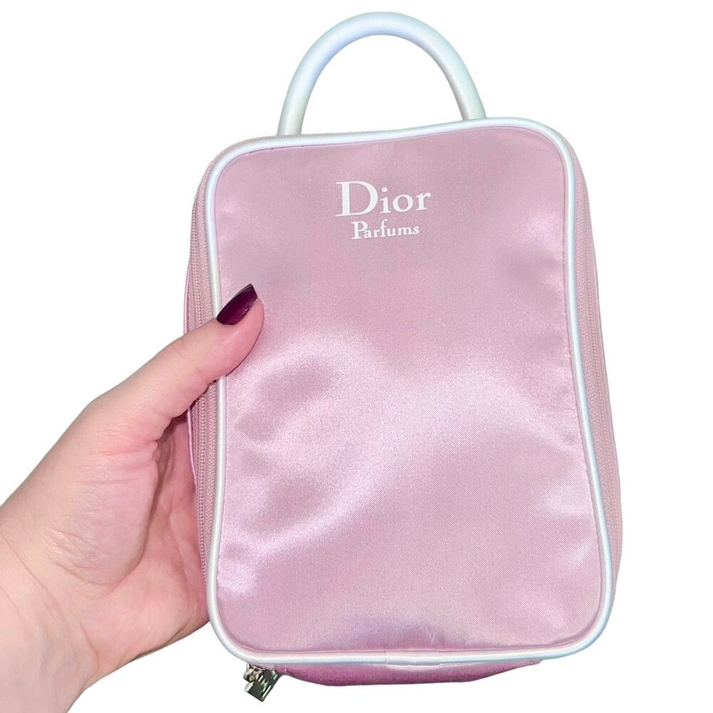 AUTH VTG Christian Dior Parfums Pink Satin Zippered Makeup Cosmetic Bag Case